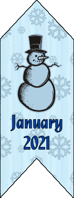 Bookmark with a pastel blue background overlaid with snowflakes with the words January 2021 in bold blue text and line art snowman above the text