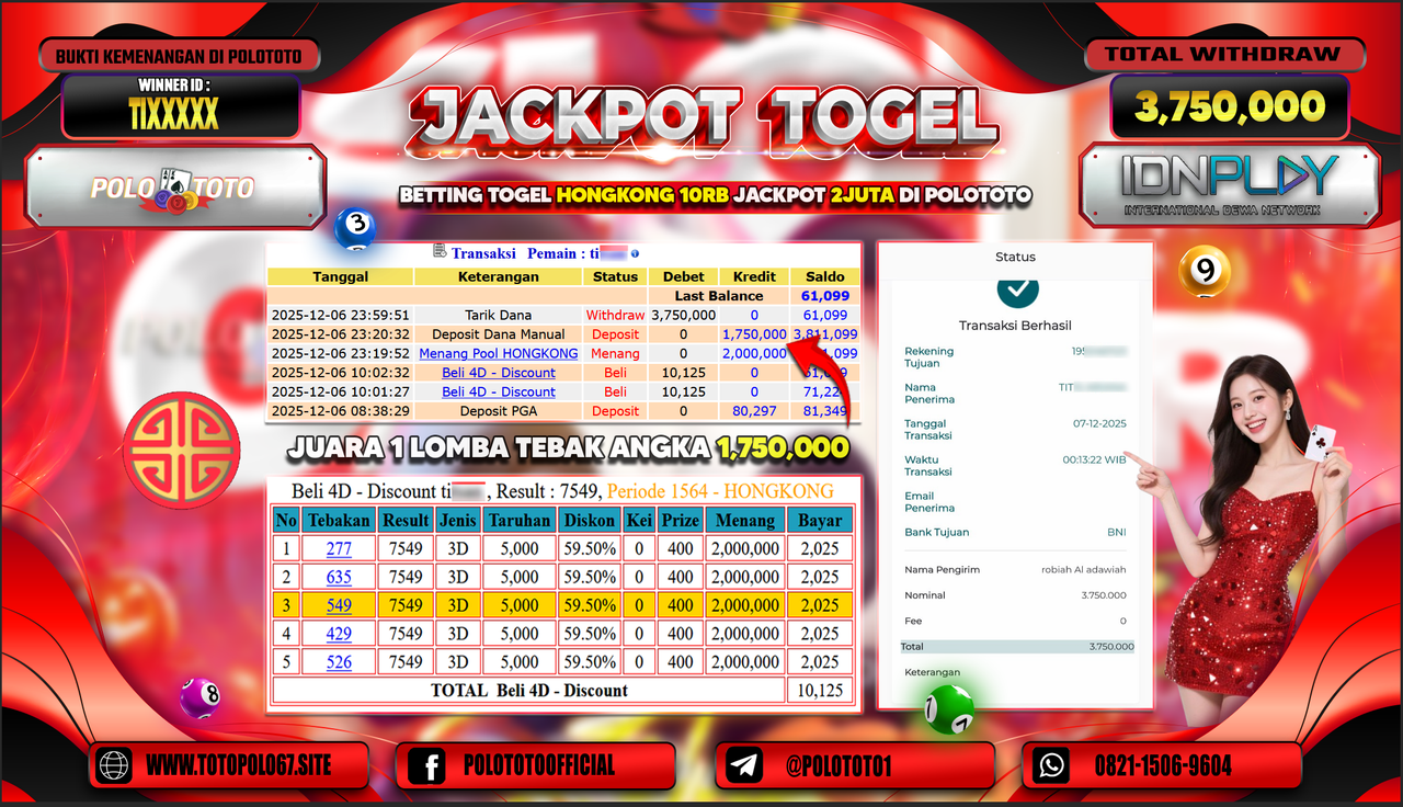 POLOTOTO JACKPOT TOGEL MENANG HONGKONG LOTTO Rp.3.750.000,- LUNAS