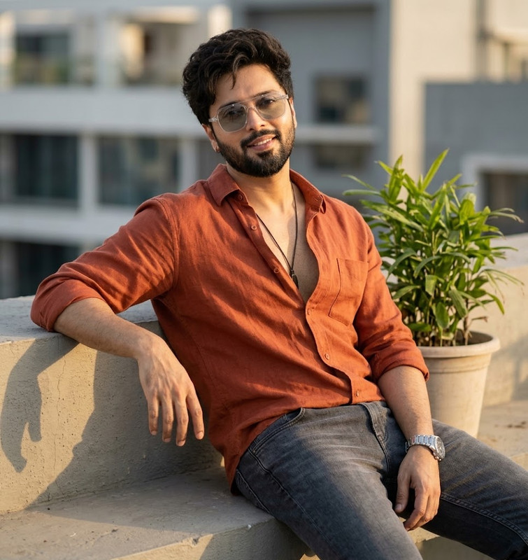 AI-generated example result for the creative-images prompt: Rooftop Golden Hour Portrait Prompt by Prompt Craft