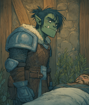 half orc paladin gives someone side-eye while standing over a very sick elf