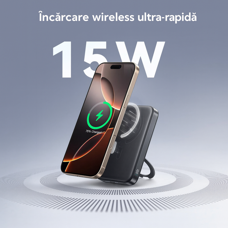 Baterie externa cu incarcare wireless Joyroom PBM12, Inel rotativ, 22.5W, 1xUSB-C, 1xUSB, PD, QC3.0, 10000 mAh, Incarcare rapida, Negru Copilot 20260119 193809