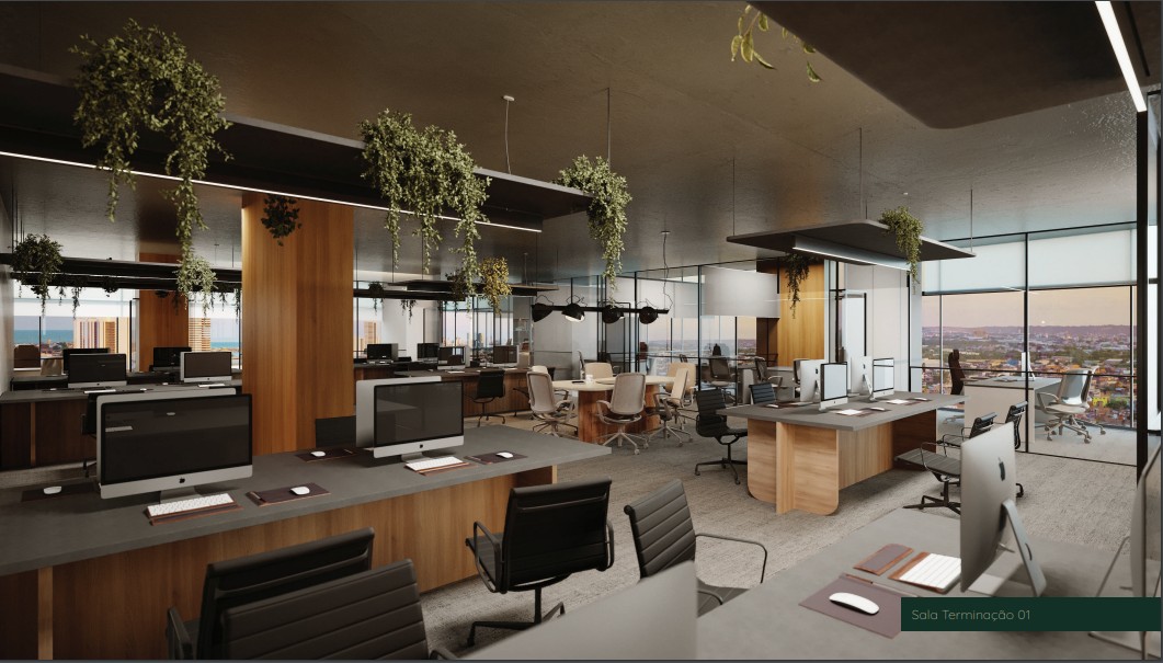 Sala comercial decorada com layout flexível