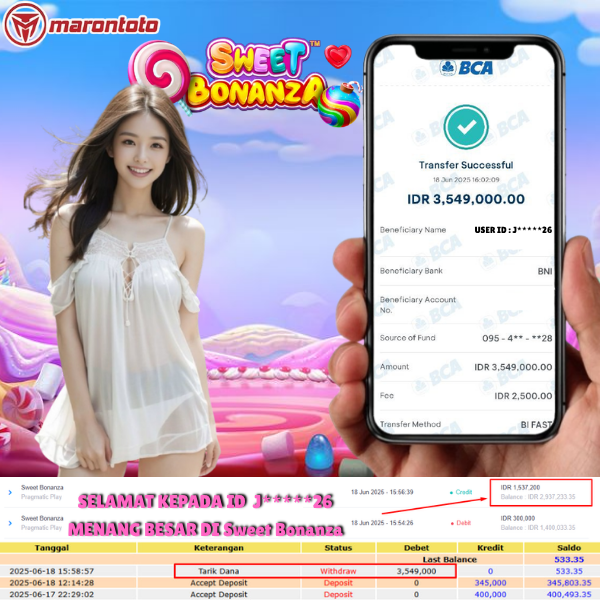 Bukti Kemenangan Member Marontoto Sebesar 3,549,000 JuTa