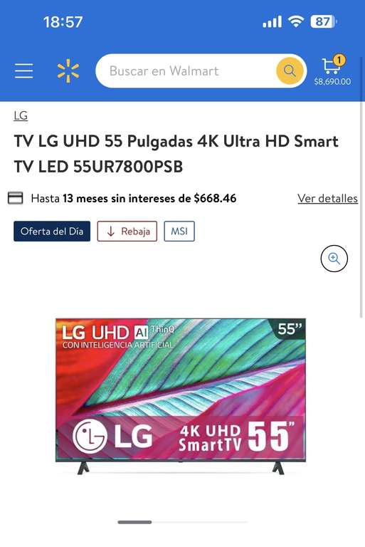 Walmart: Pantalla LG 55” 4K AI con BBVA