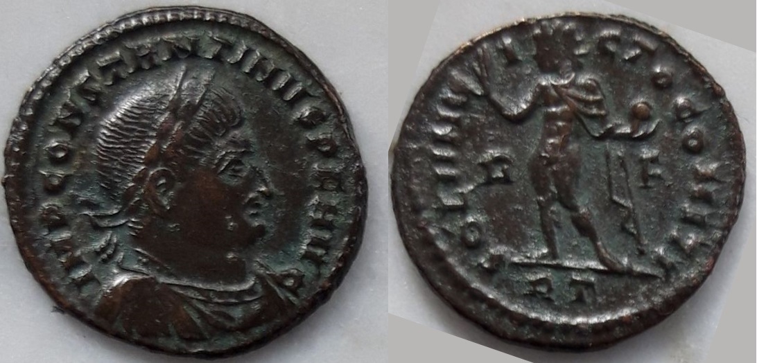 Nummus de Constantino I. SOLI INVICTO COMITI. Sol a izq. Roma Cons1
