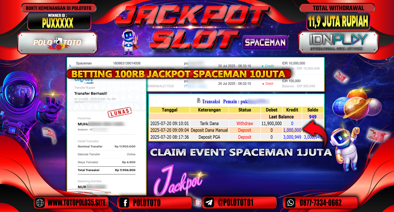 POLOTOTO JACKPOT SLOT SPACEMAN Rp.11.900.000,- LUNAS