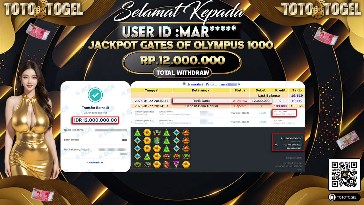 Bukti Pembayaran Jackpot Permainan Slot Gates Of Olympus 1000 ID:MAR*****LUNAS