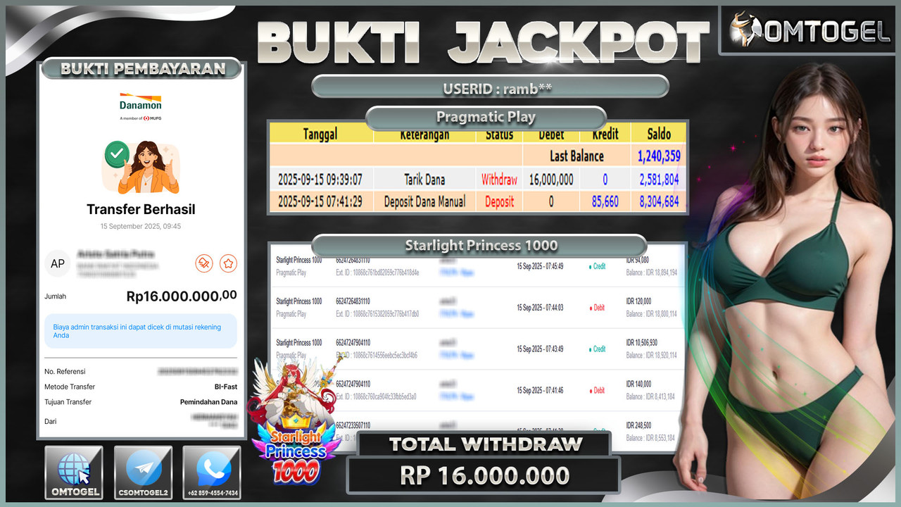 OMTOGEL JACKPOT PRAGMATIC PLAY STARLIGHT PRINCESS 1000 16 JUTA DI BAYAR LUNAS ,-