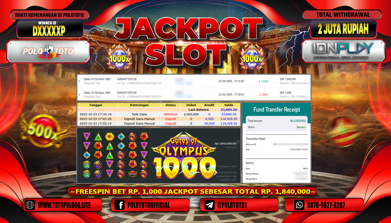 POLOTOTO JACKPOT SLOT GATES OF OLYMPUS 1000 Rp.2.000.000,- LUNAS