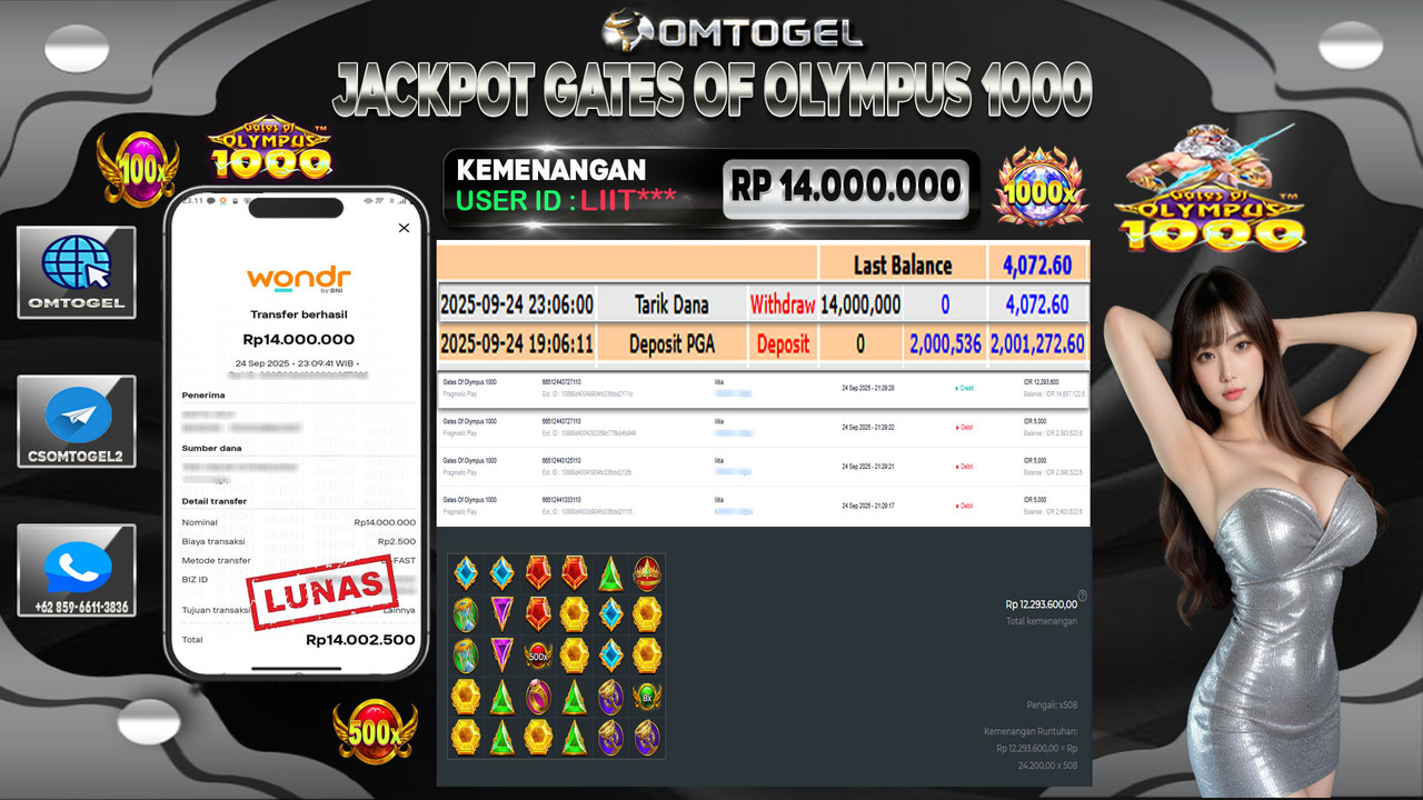 OMTOGEL JACKPOT PRAGMATIC PLAY GATES OF OLYMPUS 1000 14 JUTA DI BAYAR LUNAS ,-