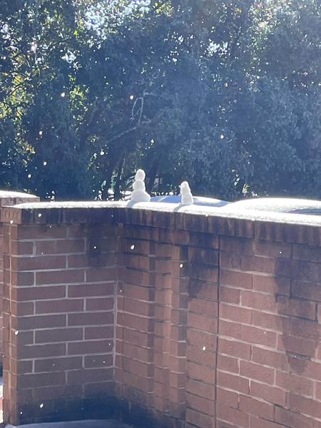 Two snowmen sitting on a brick wall, one foot apart cause they're gay