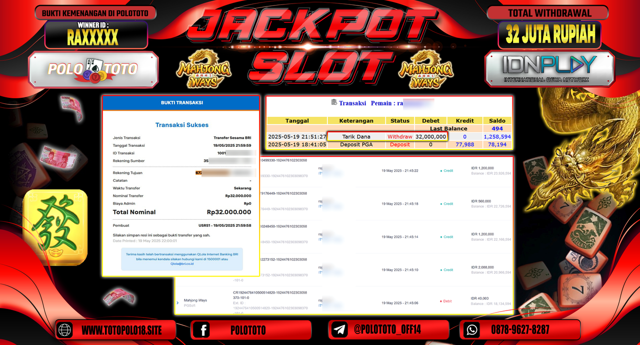 POLOTOTO JACKPOT SLOT MAHJONG WAYS Rp.32.000.000,-