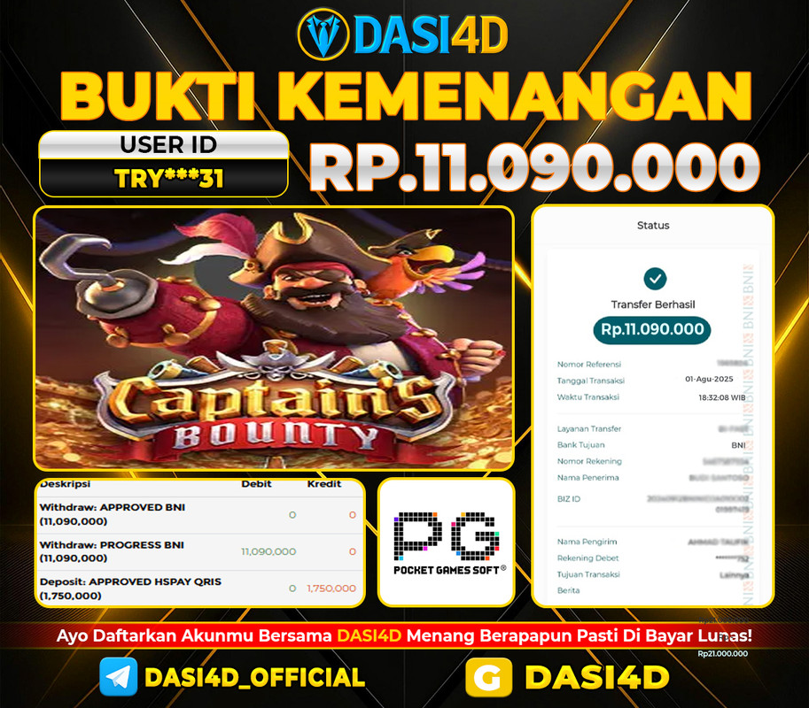 BUKTI KEMENANGAN 01 AGUSTUS DI CAPTAIN BOUNTY RP 11.090.000