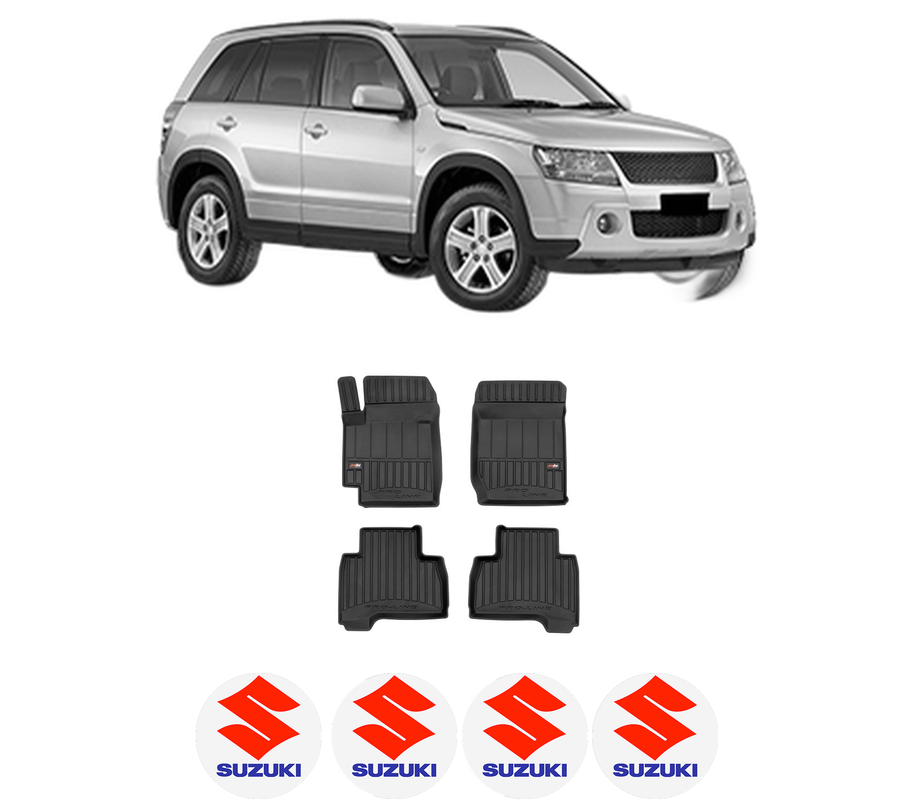 Set covorase presuri SUZUKI GRAND VITARA II (JT, TE, TD) din 2005-2015, auto, din cauciuc thermoplastic, 4 Stickere auto cu SUZUKI