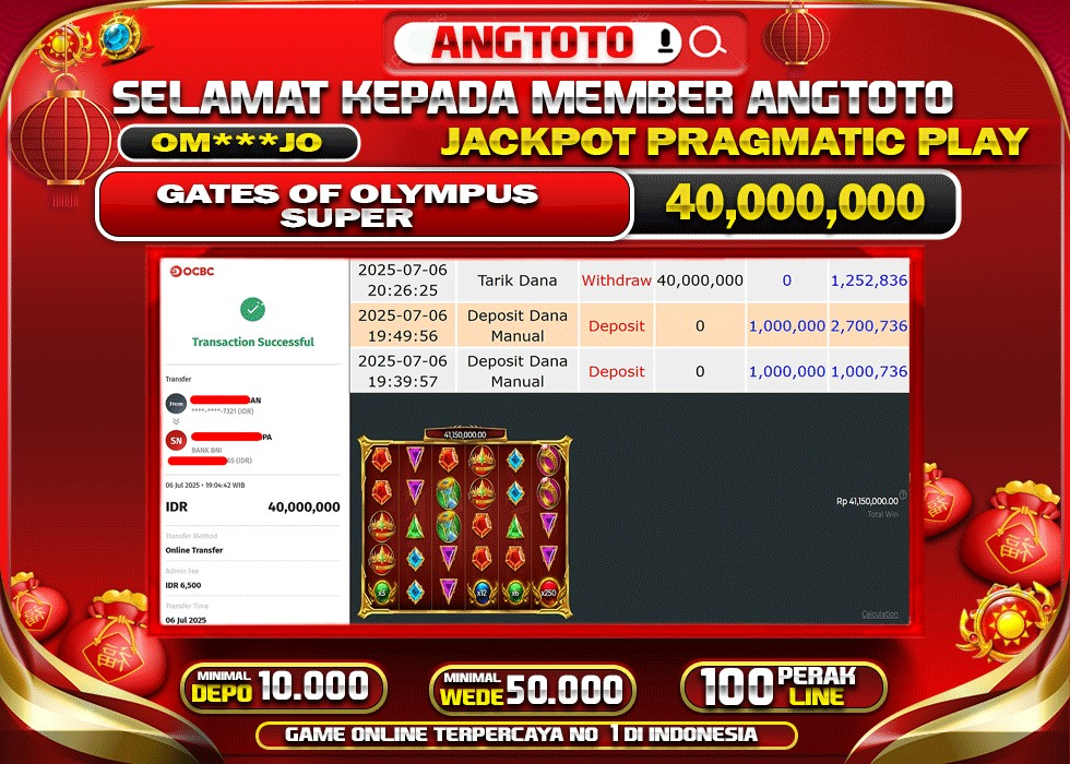 BUKTI PELUNASAN 6 JULY 2025 MENANG DI PERMAINAN GATES OF OLYMPUS SUPER SCATTER TOTAL WD 40 JUTA