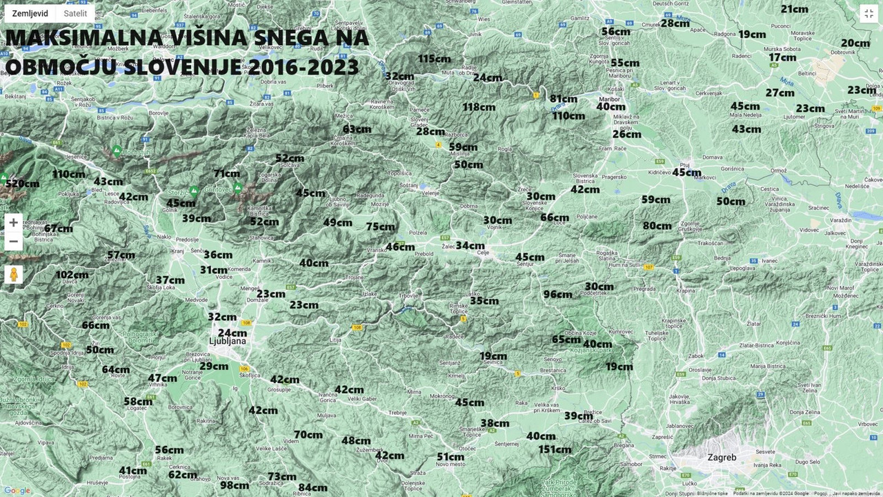 Maksimalna višina snega od leta 2016-2023 (Slovenija)