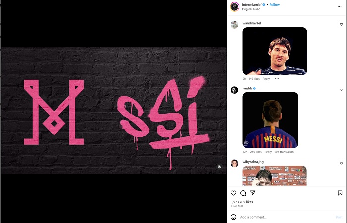 Inter Miami mengumumkan kedatangan Lionel Messi melalui sebuah unggahan Instagram.