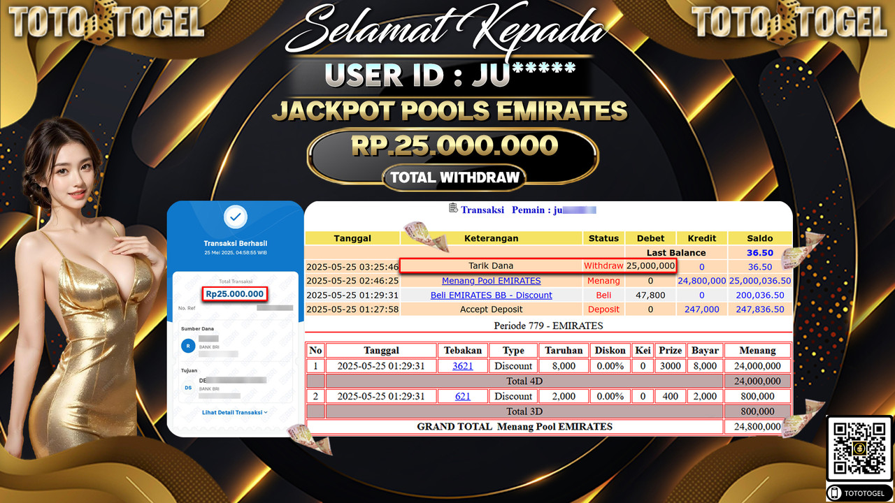 Bukti Pembayaran Jackpot Permainan Togel Pools Emirates ID:JU***** LUNAS