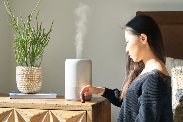 a woman using a humidifier indoors, to make indoor air moist to keep her skin protected in fall. 