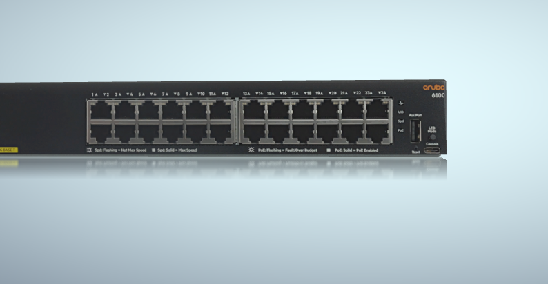 Cenário de uso do Switch Aruba CX 6100 em um pequeno data center, conectado a diversos equipamentos.
