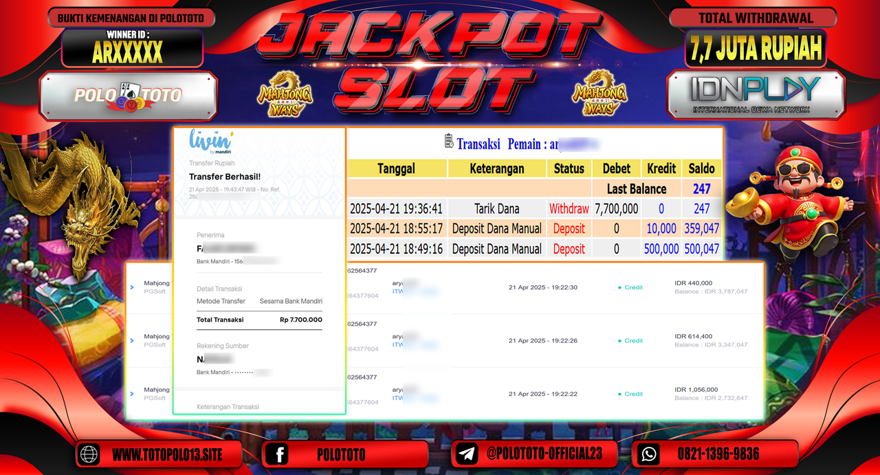 POLOTOTO JACKPOT SLOT MAHJONG WAYS Rp.7.700.000,-