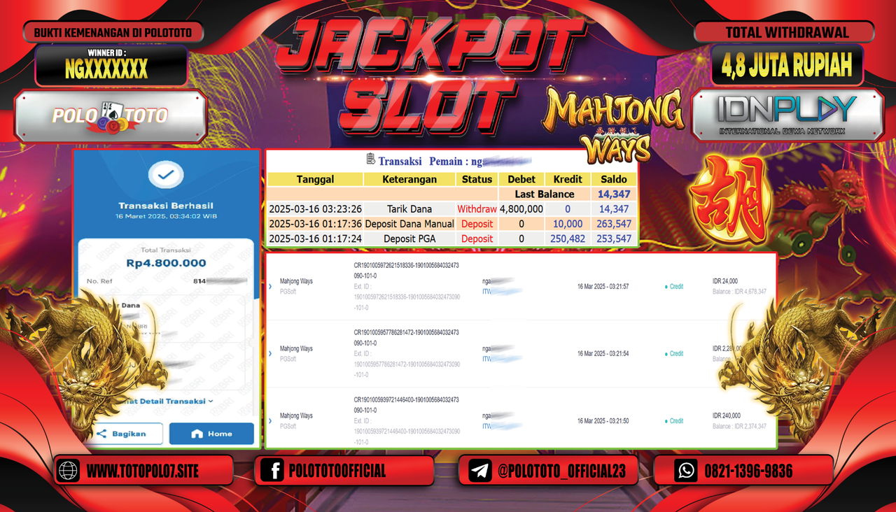 POLOTOTO JACKPOT SLOT MAHJONG WAYS Rp.4.800.000,-
