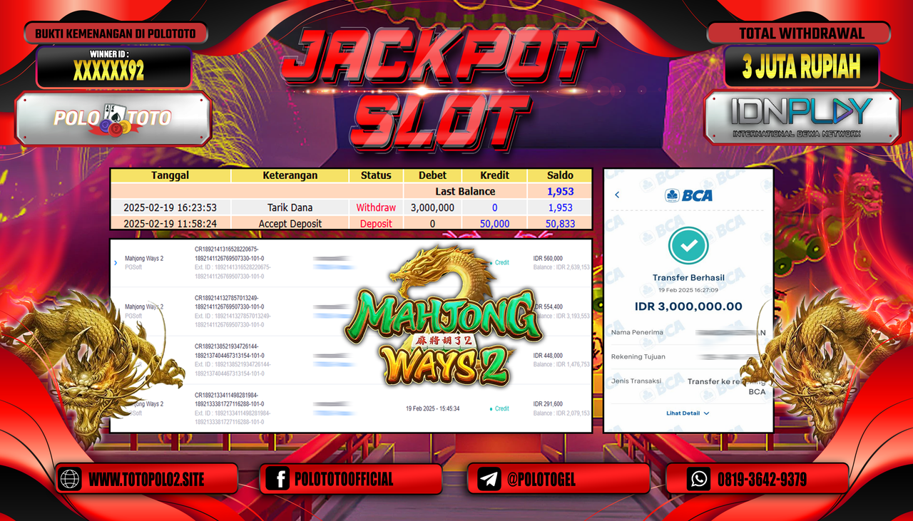 POLOTOTO JACKPOT SLOT MAHJONG WAYS 2 Rp.3.000.000,-