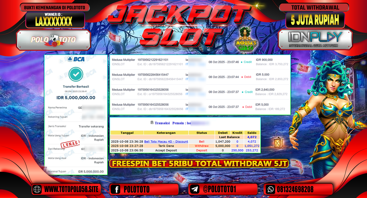 POLOTOTO JACKPOT SLOT MEDUSA MULTIPLIER Rp.5.000.000,- LUNAS