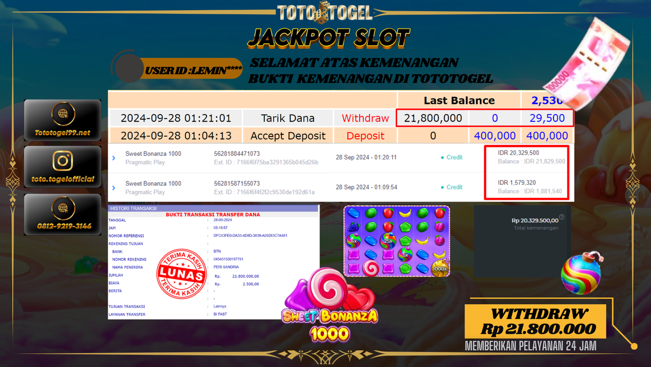 Bukti Kemenangan Permainan Slot  ID : LEMIN*** Terbayar Lunas!!