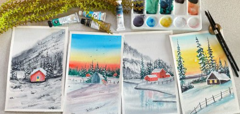 Learn How To Paint Cabins in the Snow Using Watercolors