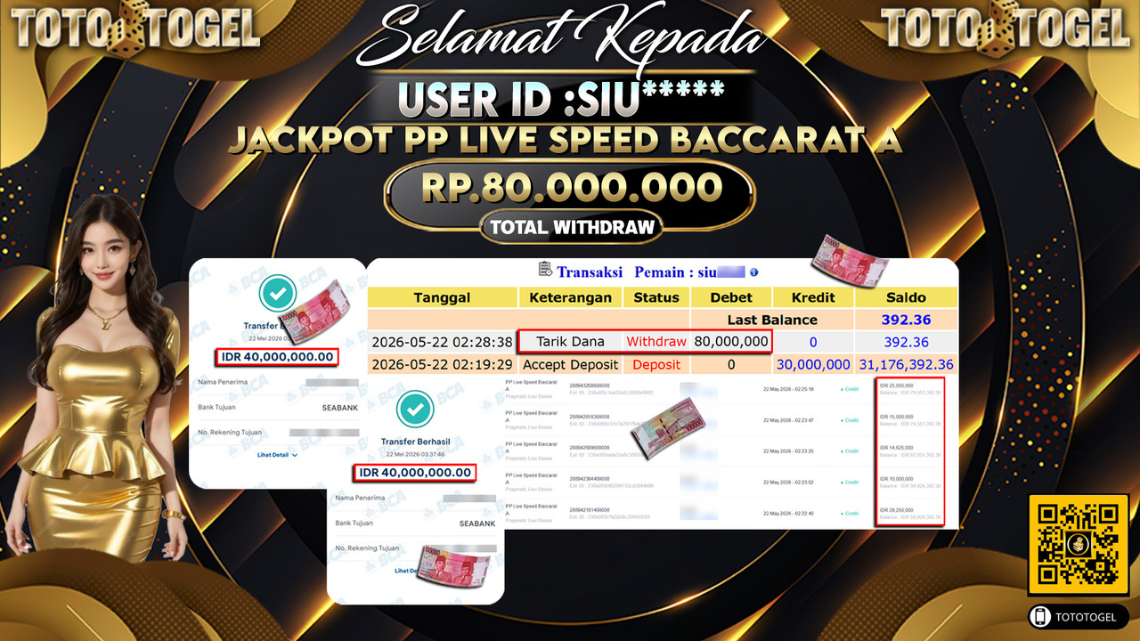Bukti Pembayaran Jackpot Permainan Pragmatic Live PP Live Baccarat A ID:SIU***** LUNAS