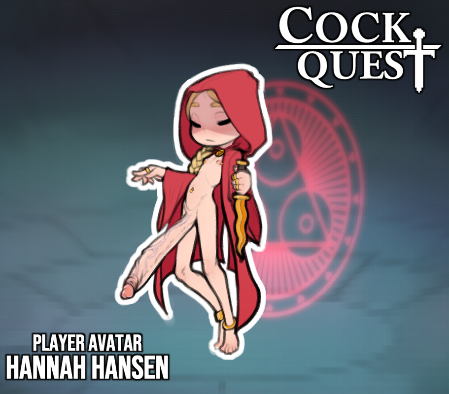 A full-body image of Hannah in her Cock Quest in-game avatar form. In the upper right, there is the Cock Quest logo. In the bottom left, there is the text Player Avatar Hannah Hansen. She appears to be floating. She is wearing a loose red robe draped across her sides, but her body is completely naked and exposed beneath. The robe is clasped around her neck. Her cock goes down to her knees. She has jewelry on: golden rings on each of her fingers, golden bracelets around her ankles, and small silver studs in her nipples. Her hood is up, and her eyes are closed. Her blonde braid is slipping out the right side of her hood. In her left hand, she's holding a knife with a wavy blade (also known as a kris knife). A glowing red circle of magic is floating behind her.