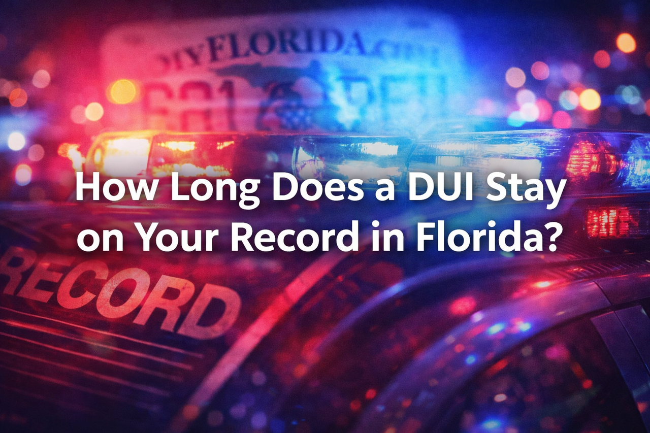 Police lights reflecting on a road in Florida representing DUI enforcement and criminal records