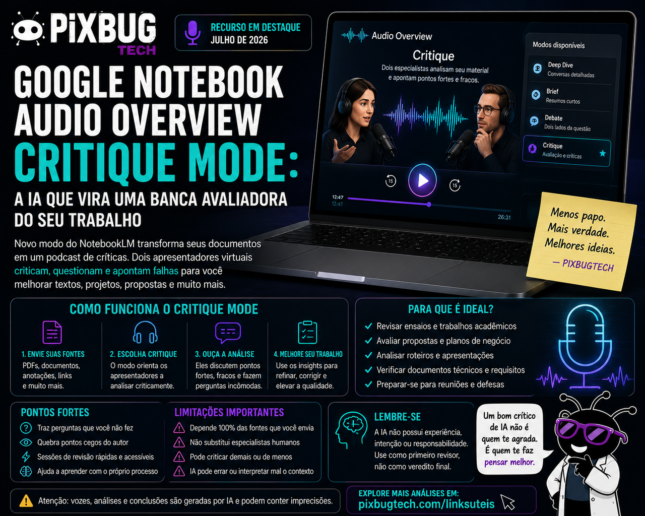NotebookLM transforma seu texto em podcast de críticas mas a IA só enxerga os problemas que suas fontes permitem