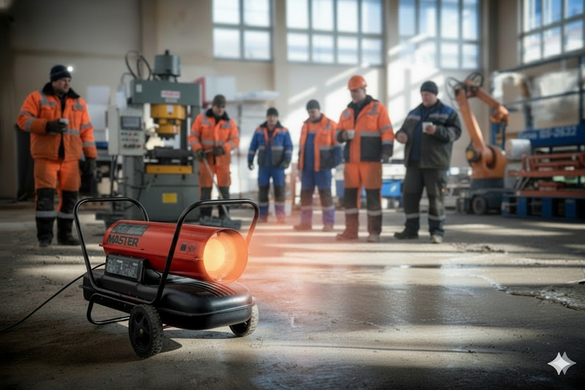 Промышленная тепловая пушка обогревает производственный цех в зимний период с рабочими