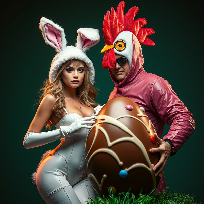 cyberpunk style and background._0Aa beautiful womn wearing a sexy bunny suit and a man wearing a hen