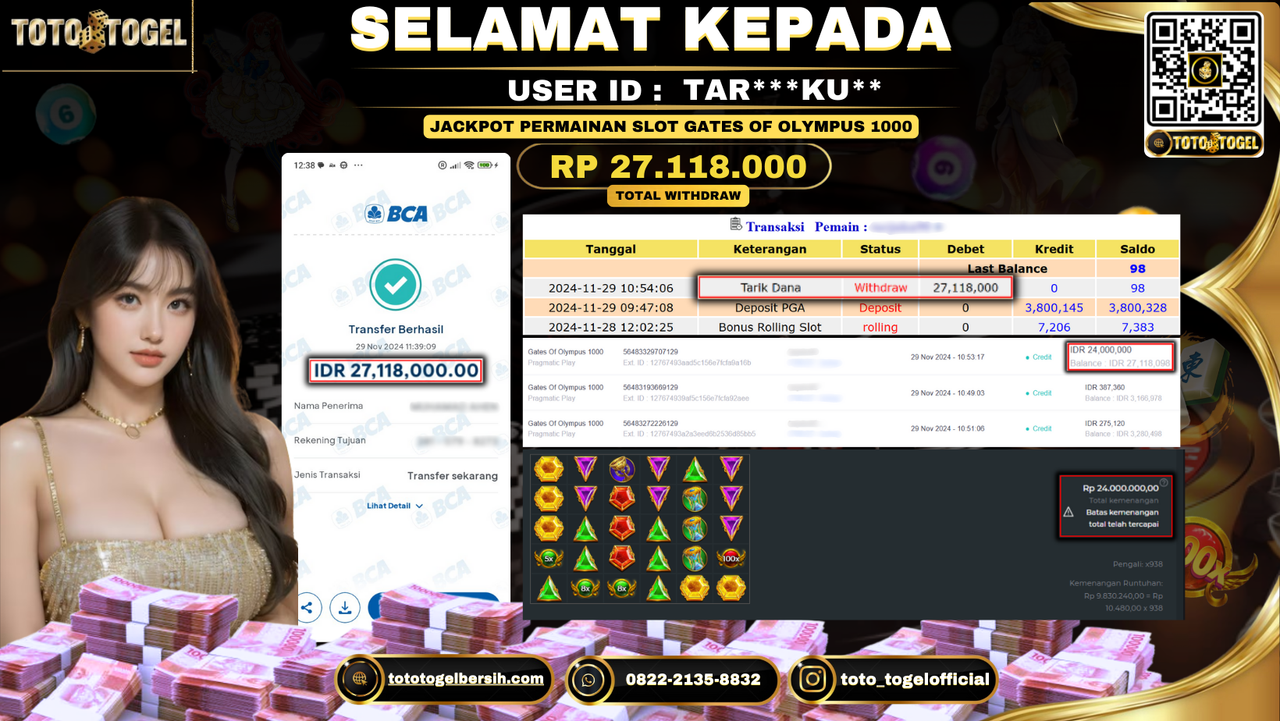 Bukti Pembayaran Jackpot Permainan Slot Gates Of Olympus 1000 ID: TAR***KU** LUNAS 