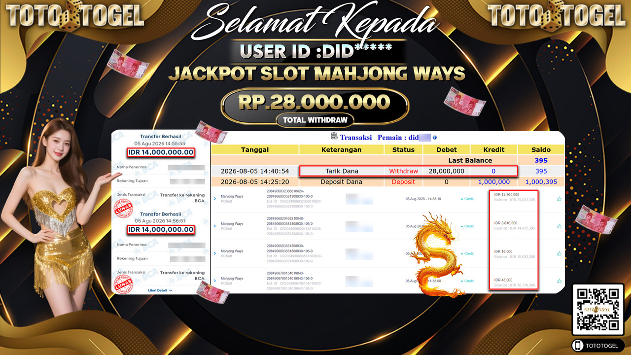 Bukti Pembayaran Jackpot SLOT MAHJONG WAYS ID:DID**** LUNAS