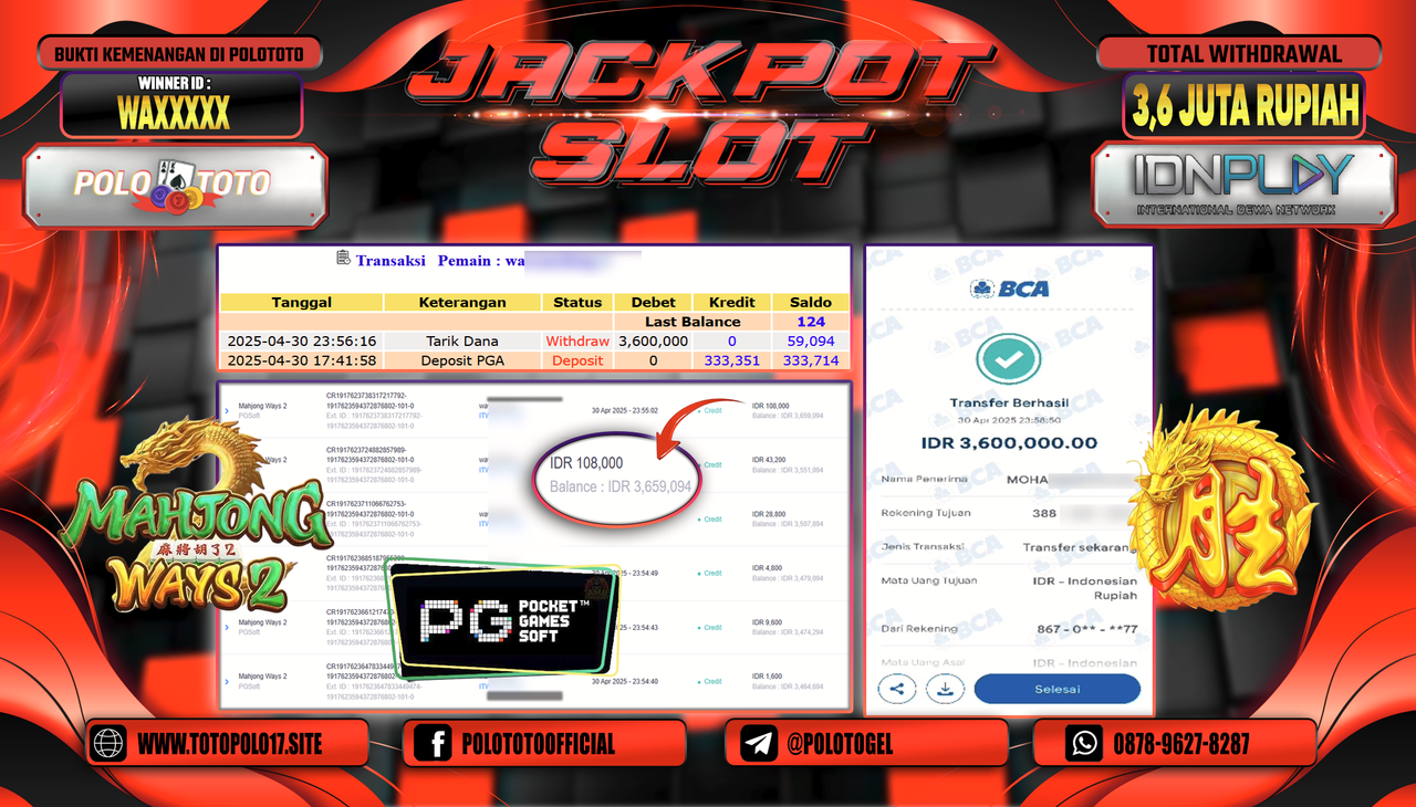 POLOTOTO JACKPOT SLOT MAHJONG WAYS 2 Rp.3.600.000,-