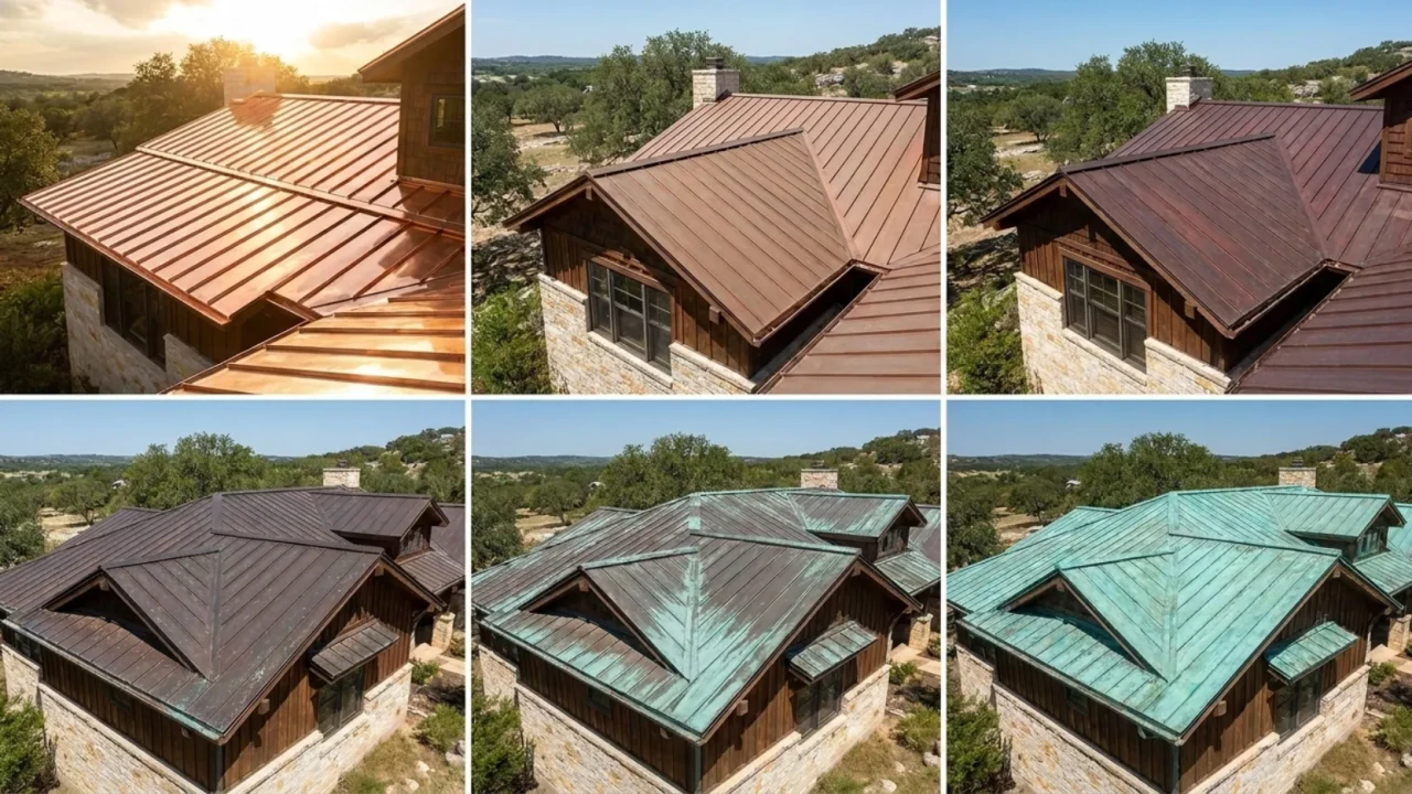 Copper roofing on a San Antonio residential home showing the progression from bright penny color to full verdigris green patina over time