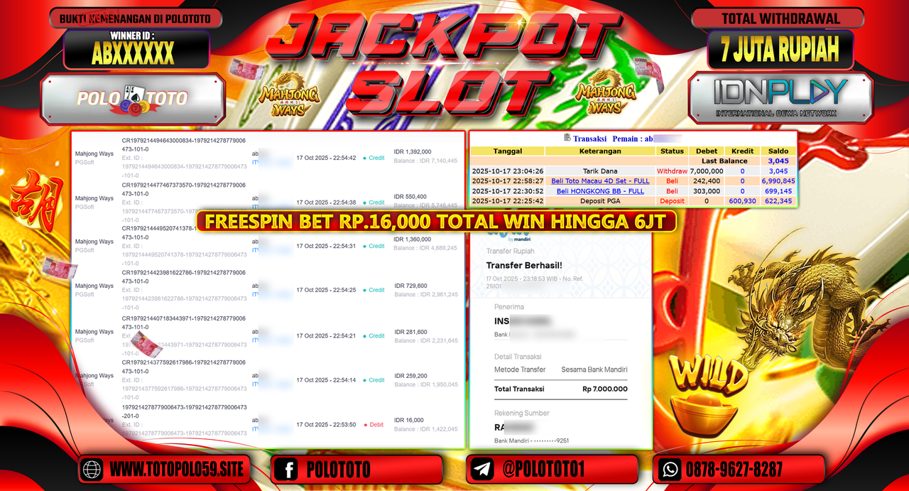 POLOTOTO JACKPOT SLOT MAHJONG WAYS Rp.7.000.000,- LUNAS