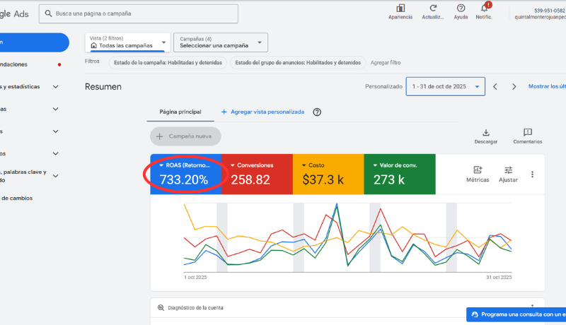 Captura de resultados Google Ads — Caso 1