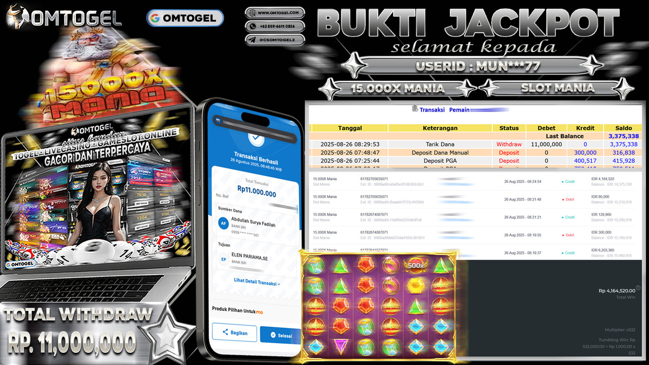 OMTOGEL JACKPOT SLOT MANIA 15,000X MANIA 11 JUTA DI BAYAR LUNAS ,-