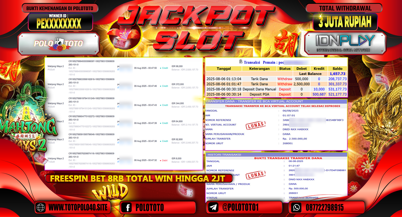 POLOTOTO JACKPOT SLOT MAHJONG WAYS 2 Rp.3.000.000,-LUNAS