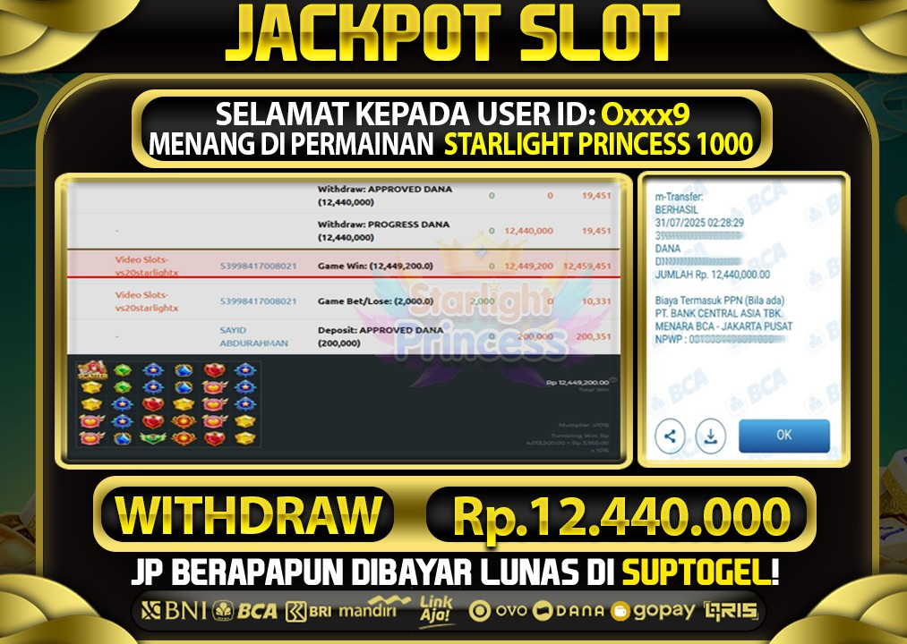  BUKTI KEMENANGAN 31 JULY 2025 MENANG DI STARLIGHT PRINCESS 1000  TOTAL WD 12 JUTAAN