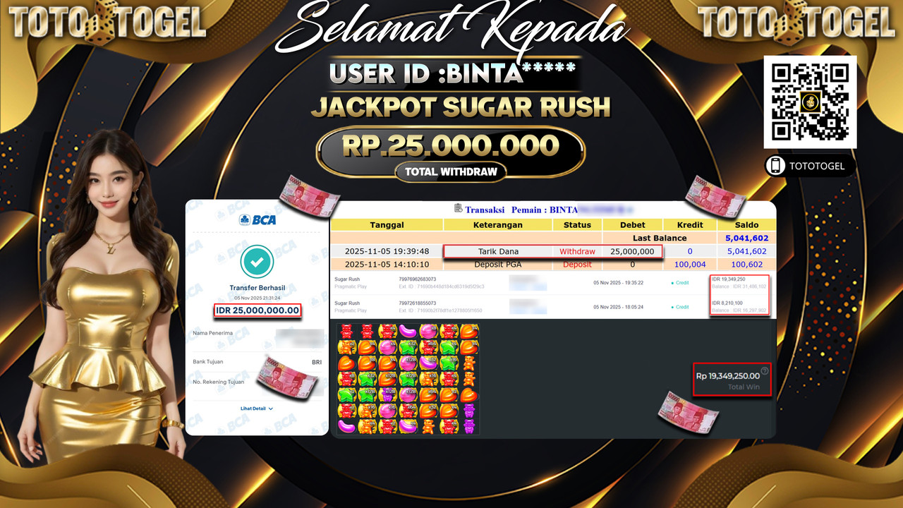 Bukti Pembayaran Jackpot Permainan Slot Sugar Rush ID:BINTA**** LUNAS