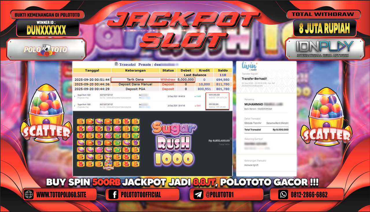 POLOTOTO JACKPOT SLOT SUGAR RUSH 1000 Rp.8.000.000,-