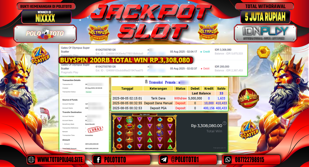 POLOTOTO JACKPOT SLOT GATES OF OLYMPUS SUPER SCATTER Rp.5.000.000,-LUNAS