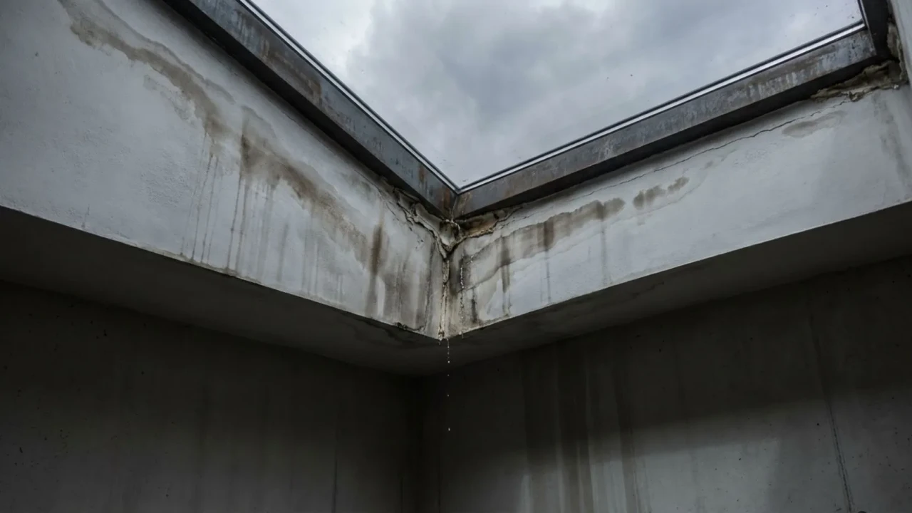 Interior view of a skylight showing water staining and seal deterioration around the frame indicating a rain leak above