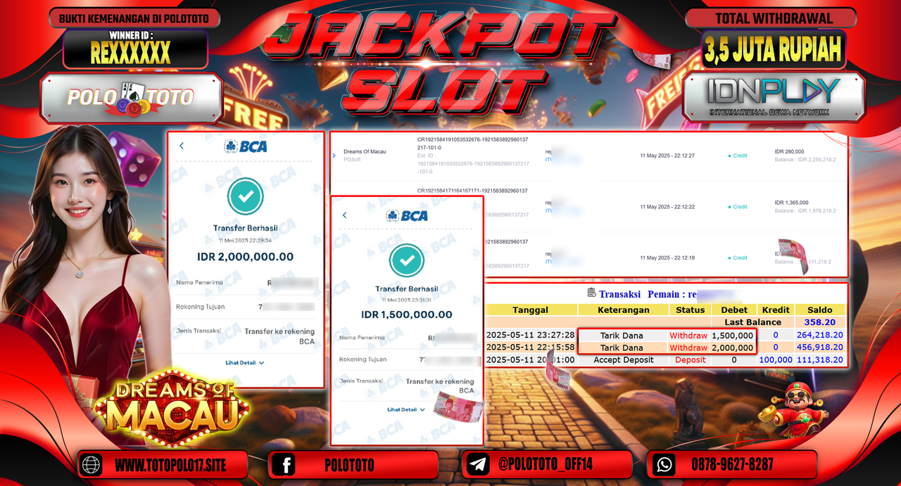 POLOTOTO JACKPOT SLOT DREAMS OF MACAU Rp.3.500.000,-